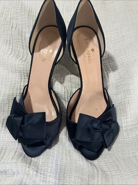 Kate Spade Navy Satin D’Orsay Bow Peep-Toe w/glitter heel. Dress. Wedding. Prom